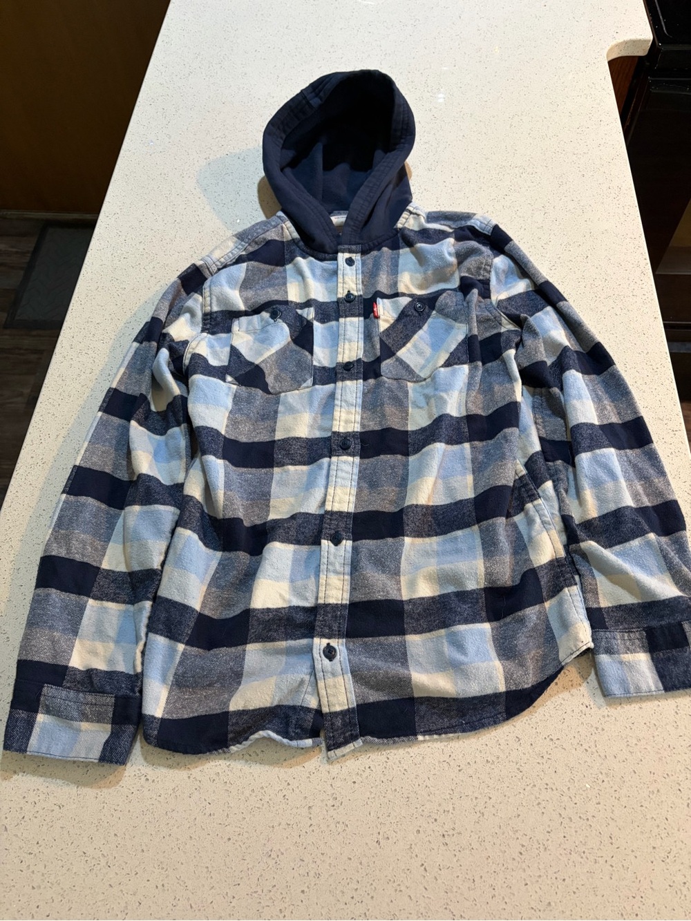 Levi's Kids Blue & White Hooded Plaid Flannel Shirt